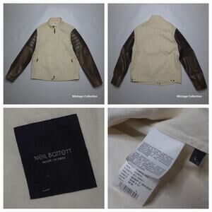 Neil Barrett Beige Linen Brown Leather Full Zip Padded Motorcycle Jacket Size L